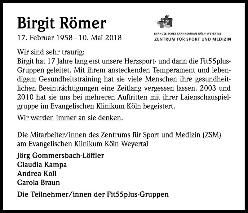  Traueranzeige für Birgit Römer vom 19.05.2018 aus Kölner Stadt-Anzeiger / Kölnische Rundschau / Express