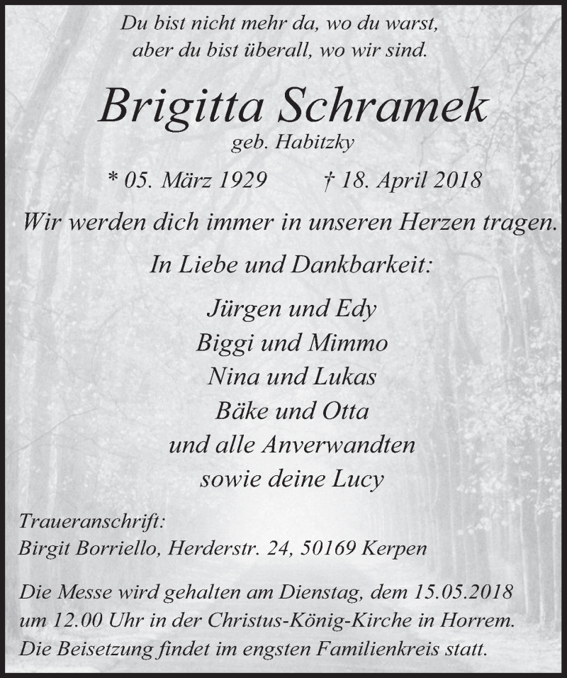 Traueranzeige für Brigitta Schramek vom 09.05.2018 aus  Werbepost 