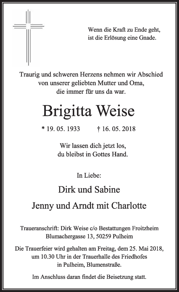  Traueranzeige für Brigitta Weise vom 19.05.2018 aus  Sonntags-Post 