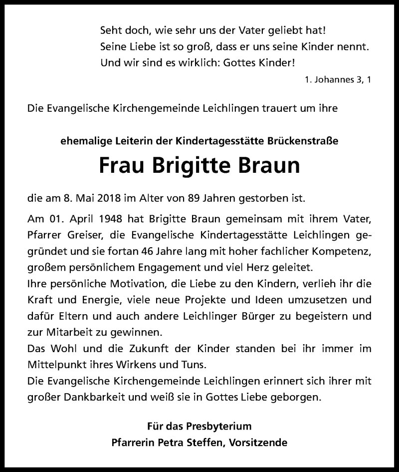  Traueranzeige für Brigitte Braun vom 19.05.2018 aus Kölner Stadt-Anzeiger / Kölnische Rundschau / Express