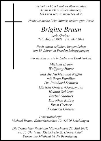 Anzeige von Brigitte Braun von Kölner Stadt-Anzeiger / Kölnische Rundschau / Express