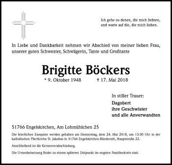 Anzeige von Brigitte Böckers von Kölner Stadt-Anzeiger / Kölnische Rundschau / Express