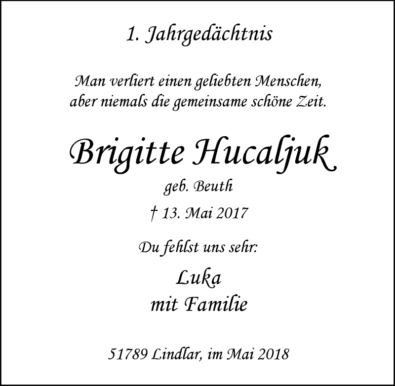  Traueranzeige für Brigitte Hucaljuk vom 16.05.2018 aus  Anzeigen Echo 