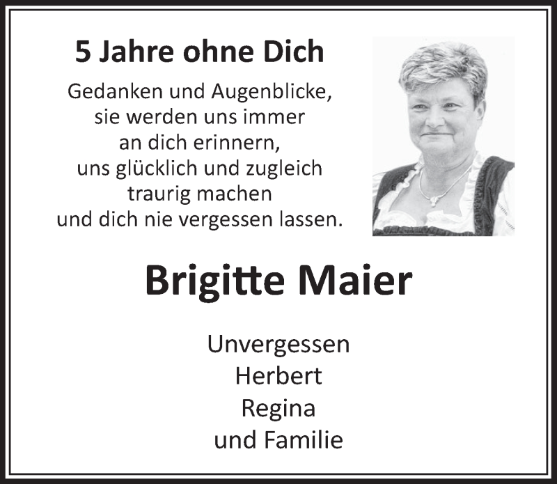 Traueranzeige für Brigitte Maier vom 16.05.2018 aus  Schaufenster/Blickpunkt  Schlossbote/Werbekurier 