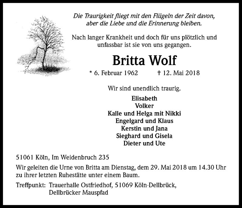  Traueranzeige für Britta Wolf vom 19.05.2018 aus Kölner Stadt-Anzeiger / Kölnische Rundschau / Express