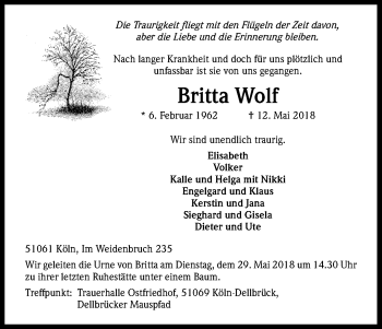 Anzeige von Britta Wolf von Kölner Stadt-Anzeiger / Kölnische Rundschau / Express