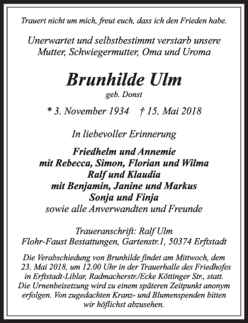 Anzeige von Brunhilde Ulm von  Sonntags-Post 