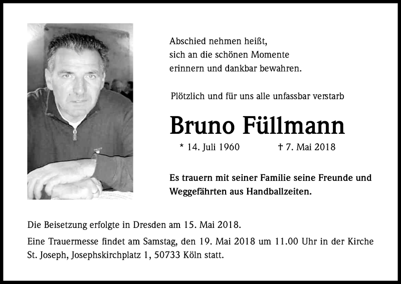  Traueranzeige für Bruno Füllmann vom 16.05.2018 aus Kölner Stadt-Anzeiger / Kölnische Rundschau / Express
