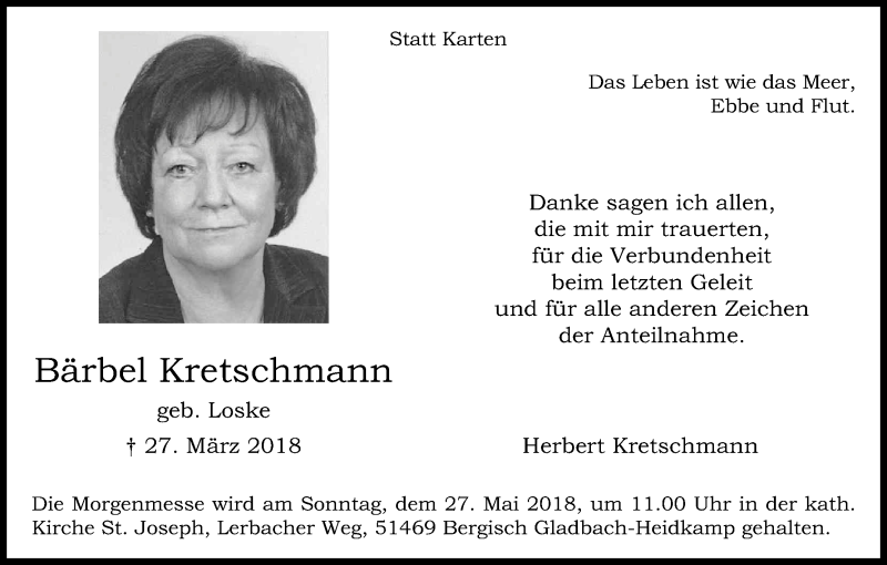  Traueranzeige für Bärbel Kretschmann vom 23.05.2018 aus Kölner Stadt-Anzeiger / Kölnische Rundschau / Express