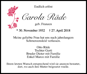 Anzeige von Carola Räde von Kölner Stadt-Anzeiger / Kölnische Rundschau / Express