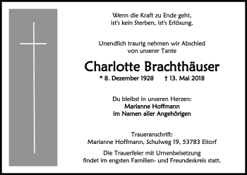 Anzeige von Charlotte Brachthäuser von Kölner Stadt-Anzeiger / Kölnische Rundschau / Express