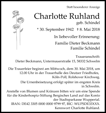 Anzeige von Charlotte Ruhland von Kölner Stadt-Anzeiger / Kölnische Rundschau / Express
