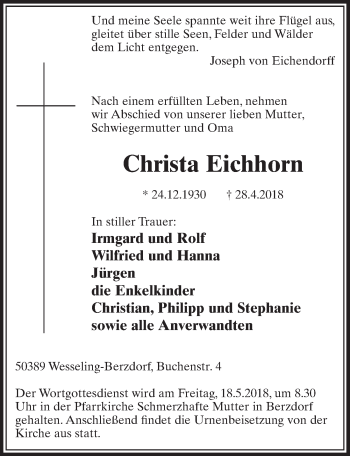 Anzeige von Christa Eichhorn von  Schlossbote/Werbekurier 
