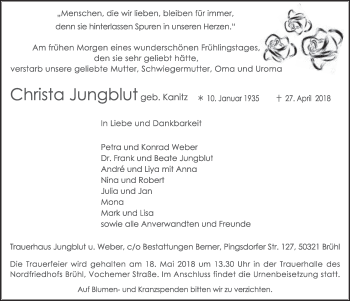 Anzeige von Christa Jungblut von  Schlossbote/Werbekurier 