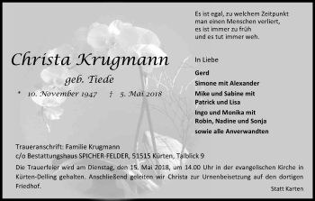 Anzeige von Christa Krugmann von Kölner Stadt-Anzeiger / Kölnische Rundschau / Express