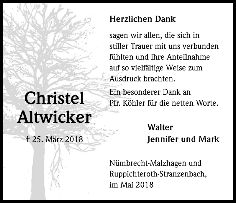  Traueranzeige für Christel Altwicker vom 26.05.2018 aus Kölner Stadt-Anzeiger / Kölnische Rundschau / Express