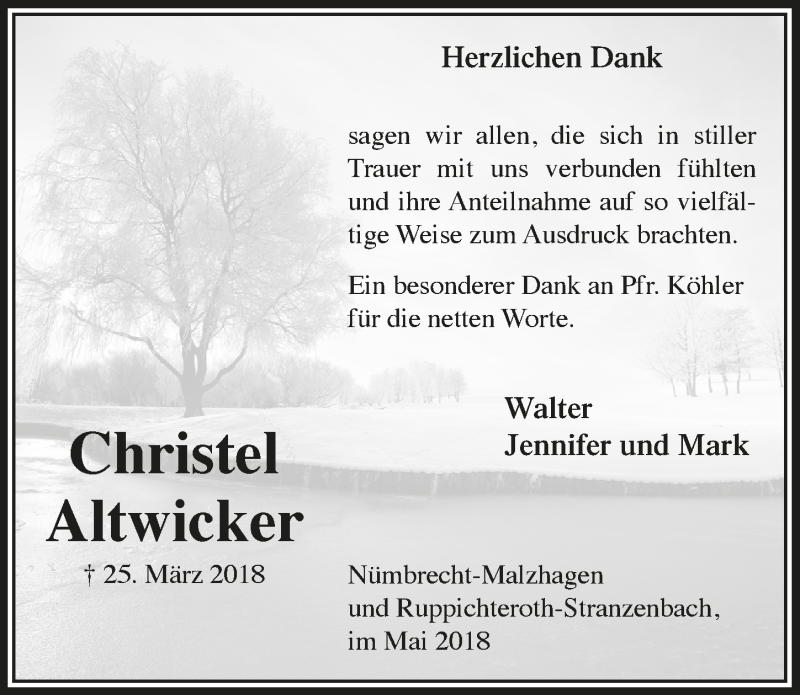  Traueranzeige für Christel Altwicker vom 30.05.2018 aus  Lokalanzeiger 