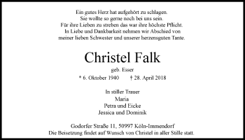 Anzeige von Christel Falk von  Kölner Wochenspiegel 