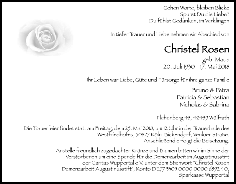  Traueranzeige für Christel Rosen vom 23.05.2018 aus Kölner Stadt-Anzeiger / Kölnische Rundschau / Express