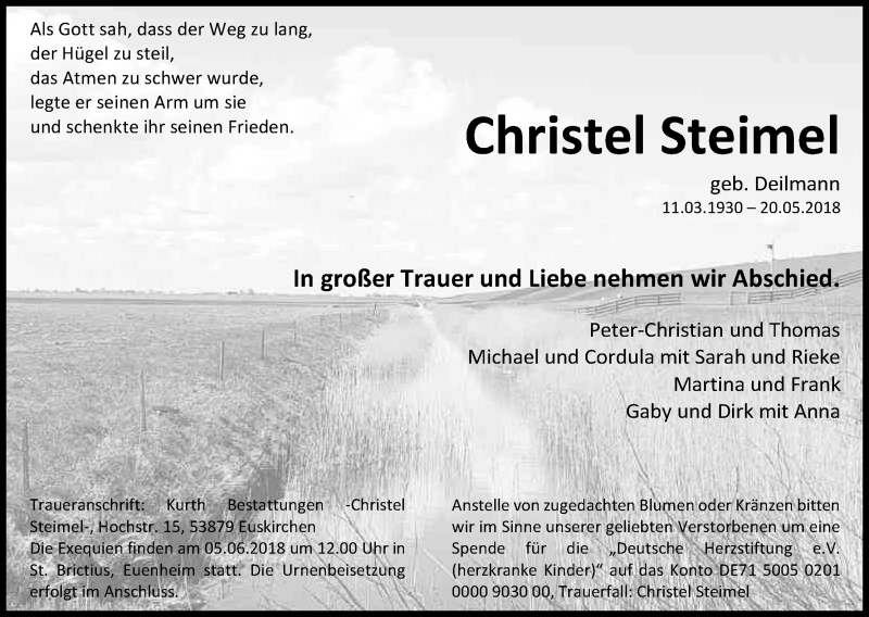  Traueranzeige für Christel Steimel vom 26.05.2018 aus Kölner Stadt-Anzeiger / Kölnische Rundschau / Express