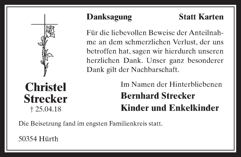  Traueranzeige für Christel Strecker vom 16.05.2018 aus  Wochenende 