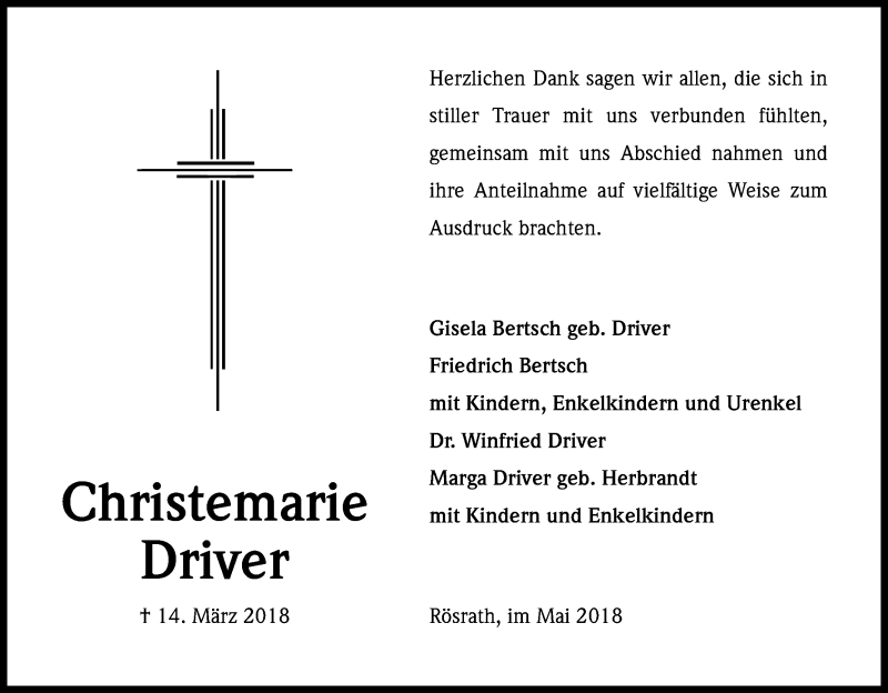  Traueranzeige für Christemarie Driver vom 05.05.2018 aus Kölner Stadt-Anzeiger / Kölnische Rundschau / Express