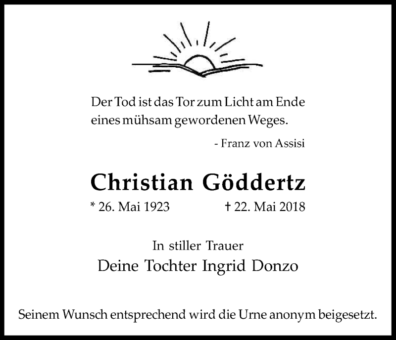  Traueranzeige für Christian Göddertz vom 26.05.2018 aus Kölner Stadt-Anzeiger / Kölnische Rundschau / Express