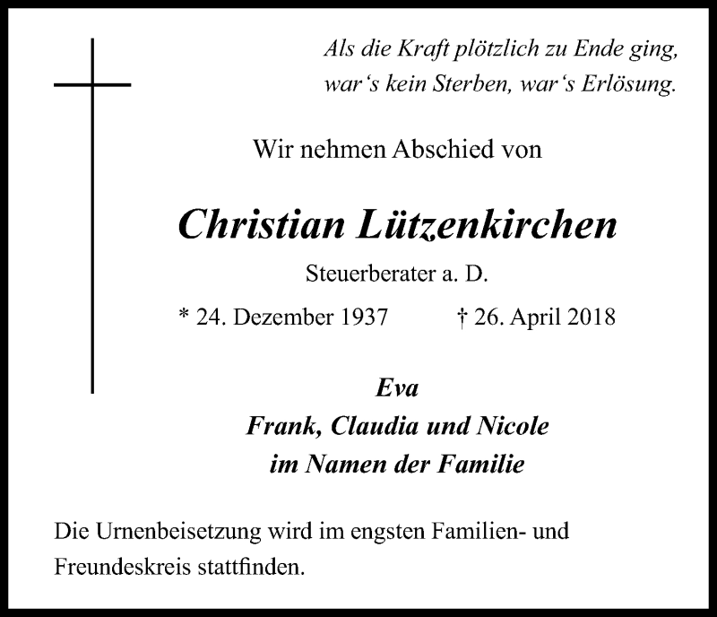  Traueranzeige für Christian Lützenkirchen vom 05.05.2018 aus Kölner Stadt-Anzeiger / Kölnische Rundschau / Express
