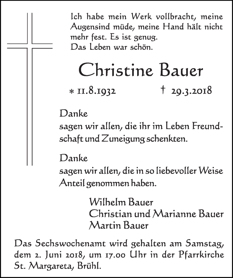  Traueranzeige für Christine Bauer vom 23.05.2018 aus  Schlossbote/Werbekurier 
