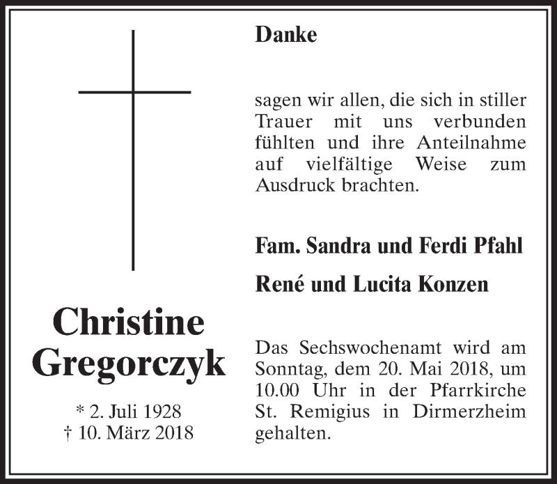  Traueranzeige für Christine Gregorczyk vom 12.05.2018 aus  Sonntags-Post 
