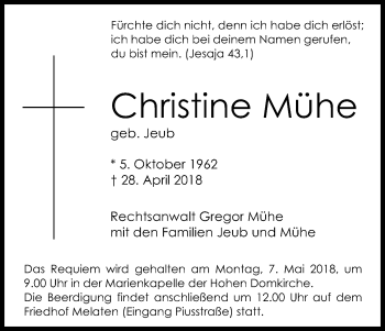 Anzeige von Christine Mühe von Kölner Stadt-Anzeiger / Kölnische Rundschau / Express