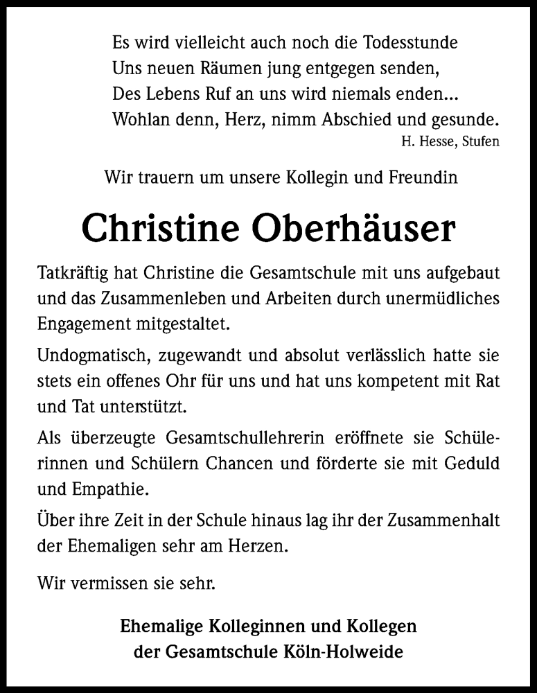  Traueranzeige für Christine Oberhäuser vom 08.05.2018 aus Kölner Stadt-Anzeiger / Kölnische Rundschau / Express