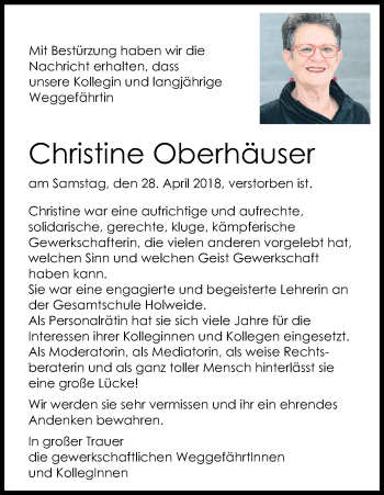 Anzeige von Christine Oberhäuser von Kölner Stadt-Anzeiger / Kölnische Rundschau / Express