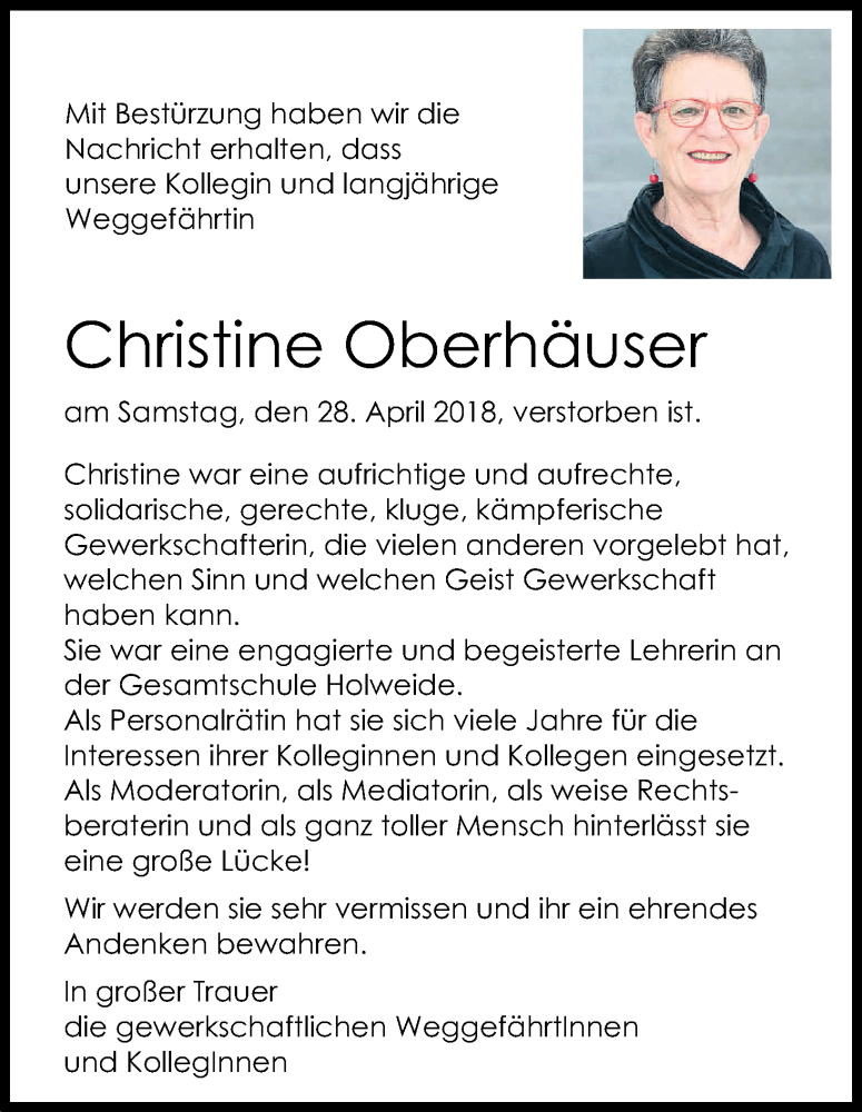  Traueranzeige für Christine Oberhäuser vom 05.05.2018 aus Kölner Stadt-Anzeiger / Kölnische Rundschau / Express