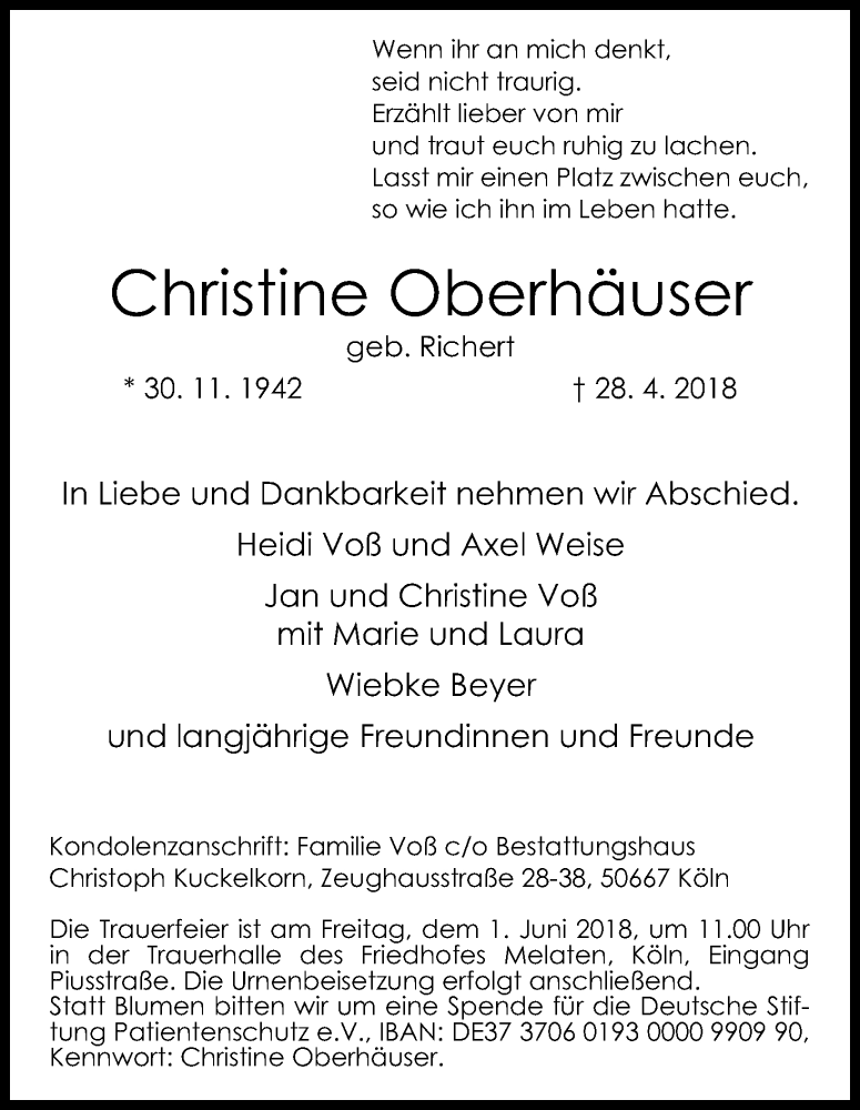  Traueranzeige für Christine Oberhäuser vom 05.05.2018 aus Kölner Stadt-Anzeiger / Kölnische Rundschau / Express