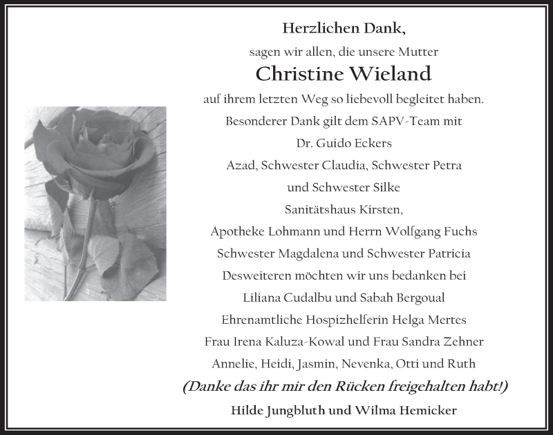  Traueranzeige für Christine Wieland vom 09.05.2018 aus  Werbepost 