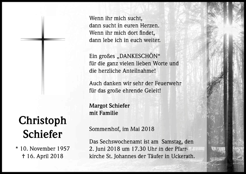  Traueranzeige für Christoph Schiefer vom 26.05.2018 aus Kölner Stadt-Anzeiger / Kölnische Rundschau / Express