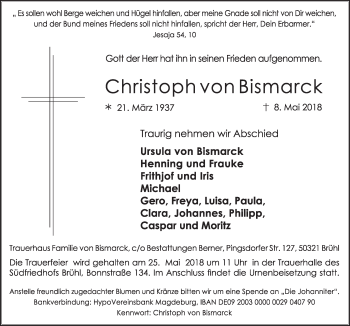 Anzeige von Christoph von Bismarck von  Schlossbote/Werbekurier 