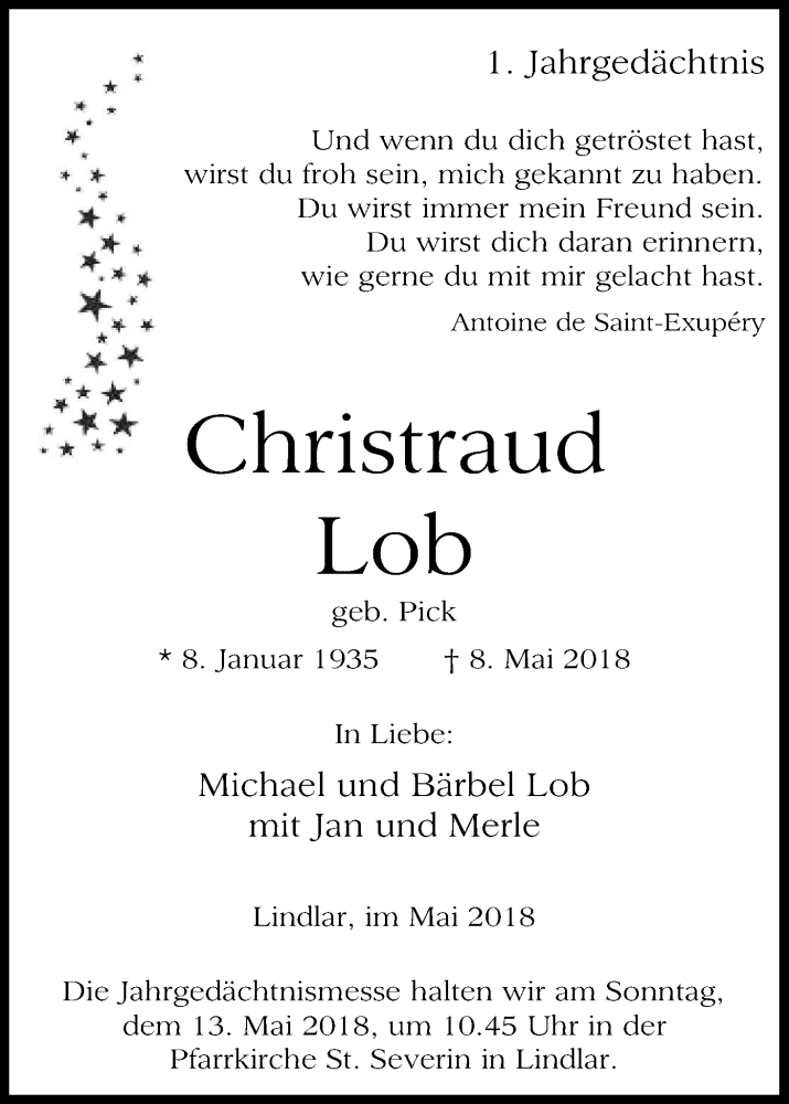  Traueranzeige für Christraud Lob vom 12.05.2018 aus Kölner Stadt-Anzeiger / Kölnische Rundschau / Express