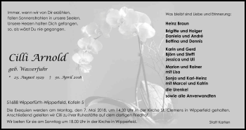 Anzeige von Cilli Arnold von Kölner Stadt-Anzeiger / Kölnische Rundschau / Express