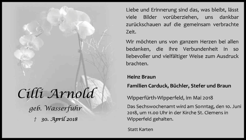  Traueranzeige für Cilli Arnold vom 31.05.2018 aus Kölner Stadt-Anzeiger / Kölnische Rundschau / Express