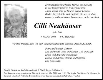 Anzeige von Cilli Neuhäuser von Kölner Stadt-Anzeiger / Kölnische Rundschau / Express