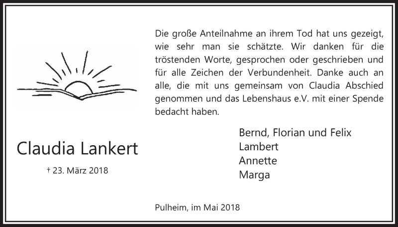  Traueranzeige für Claudia Lankert vom 18.07.2023 aus  Wochenende 