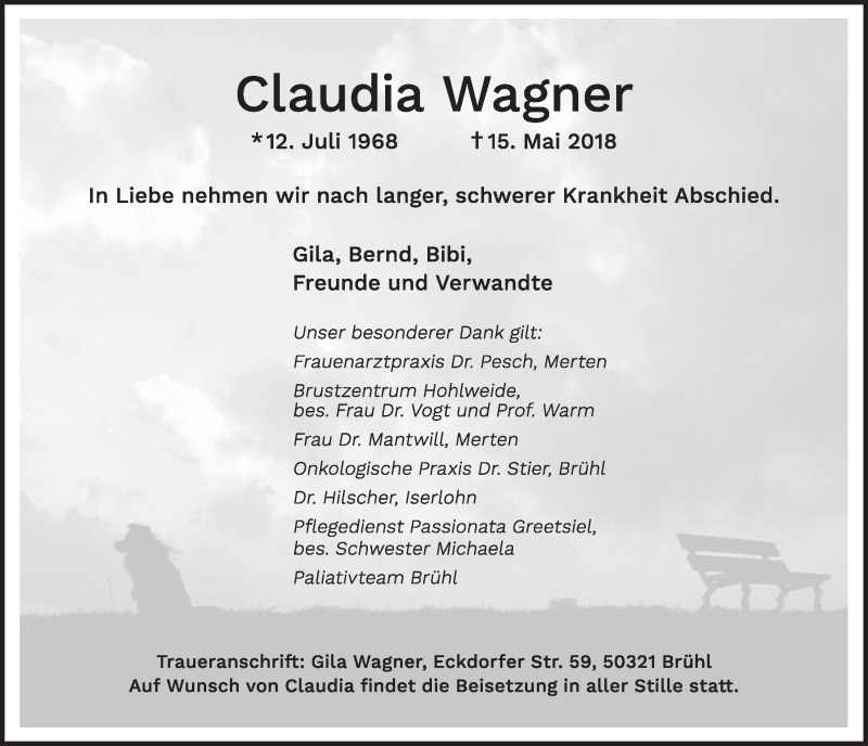  Traueranzeige für Claudia Wagner vom 30.05.2018 aus  Schlossbote/Werbekurier 