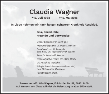 Anzeige von Claudia Wagner von  Schlossbote/Werbekurier 