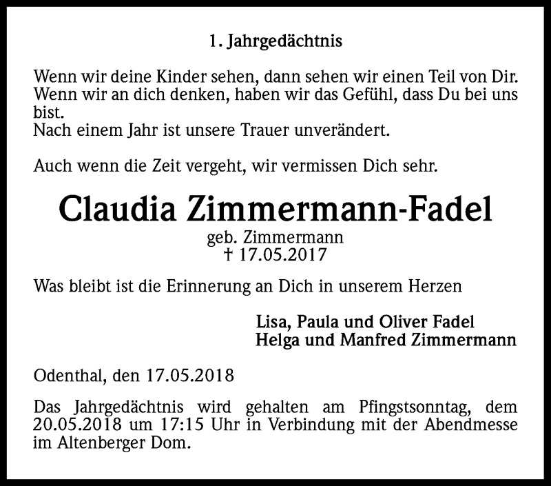  Traueranzeige für Claudia Zimmermann-Fadel vom 17.05.2018 aus Kölner Stadt-Anzeiger / Kölnische Rundschau / Express