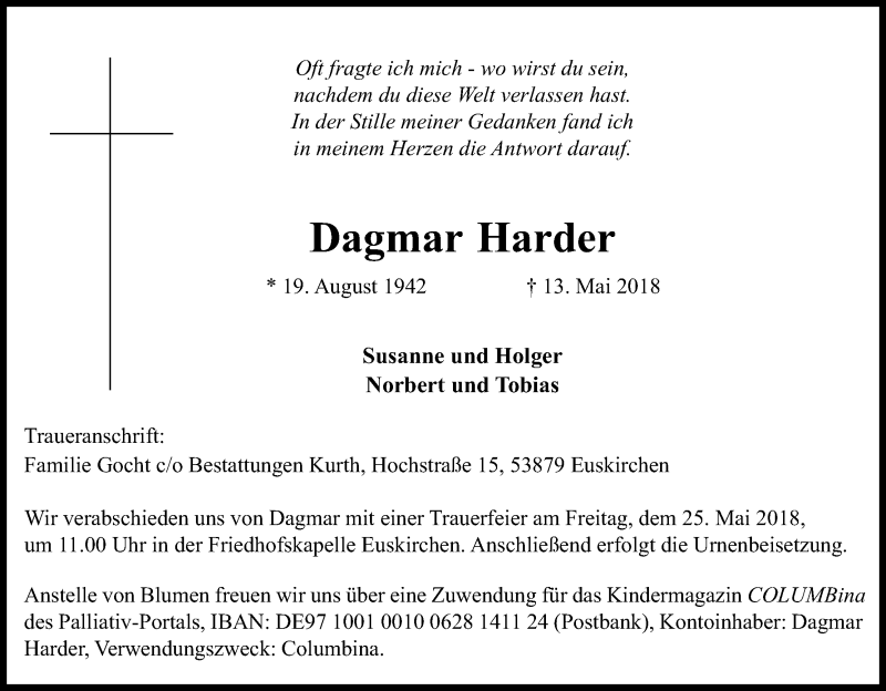  Traueranzeige für Dagmar Harder vom 19.05.2018 aus Kölner Stadt-Anzeiger / Kölnische Rundschau / Express