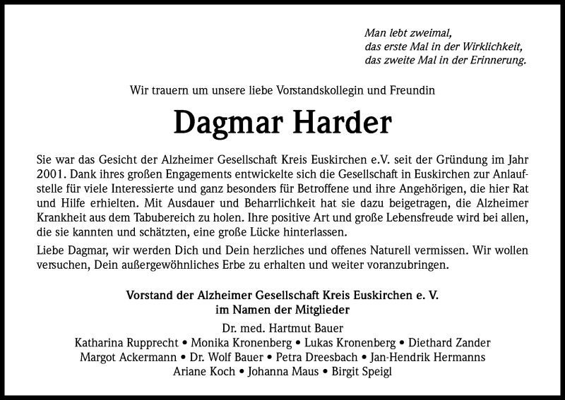  Traueranzeige für Dagmar Harder vom 19.05.2018 aus Kölner Stadt-Anzeiger / Kölnische Rundschau / Express