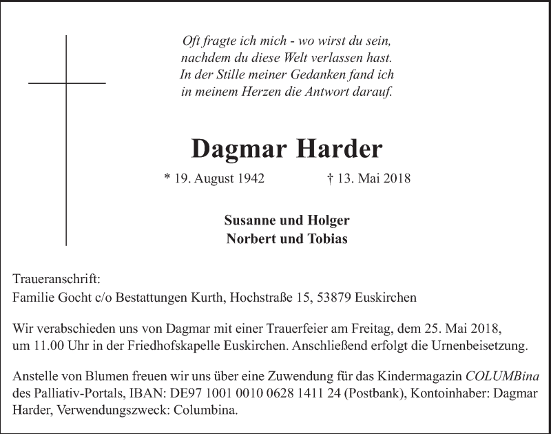  Traueranzeige für Dagmar Harder vom 19.05.2018 aus  Blickpunkt Euskirchen 