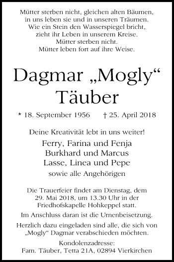 Anzeige von Dagmar Täuber von Kölner Stadt-Anzeiger / Kölnische Rundschau / Express